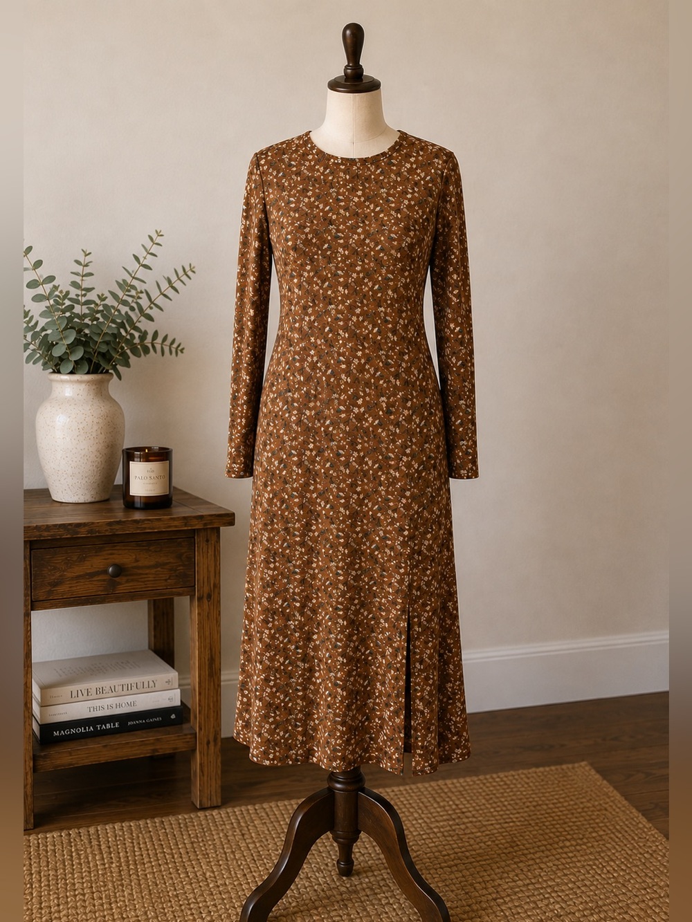 Womance Brown Floral Midi Dress M Cottagecore Dark Academia Fall Made in Canada
